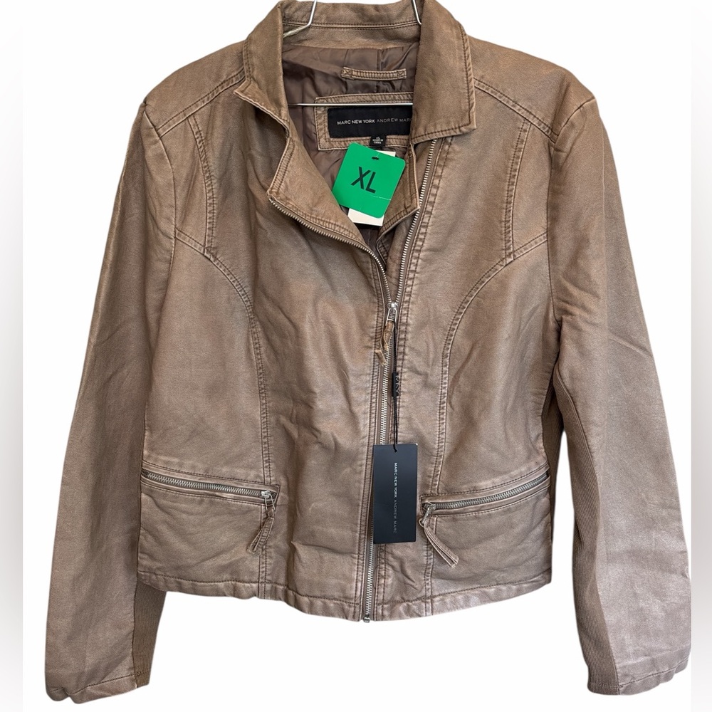 Andrew Marc Brown Faux Leather Moto Jacket XL NWT Biker Style - Picture 4 of 7
